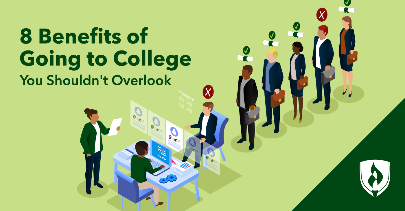 一排工作申请的插图,有些在他们的头上有学位图标,有些没有,代表上大学的好处