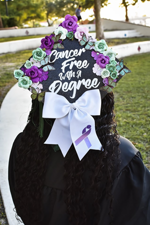 毕业帽与“癌症免于一定程度”,写在被鲜花包围。