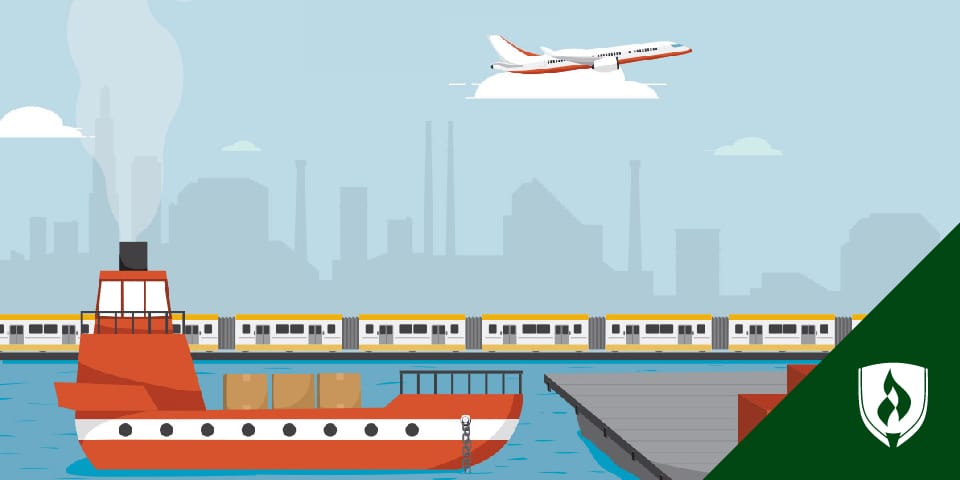 图像显示火车，货运船和货运。
