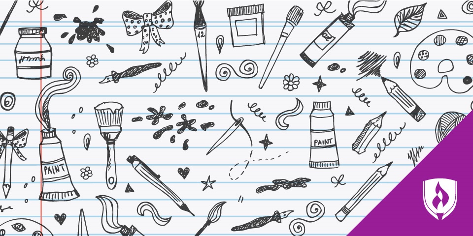 文章标题周围有各种画笔、画架、铅笔、树叶和蝴蝶结的插图