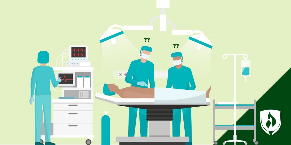 一个外科医生和外科技术专家头顶上的问号的手术室的插图