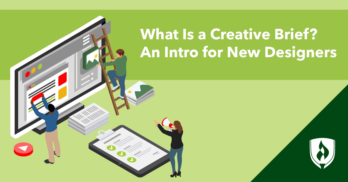 插图的创意专业人士与梯子和一个与扩音器建设一个巨大的创意简报在显示器上代表什么是一个创意简报