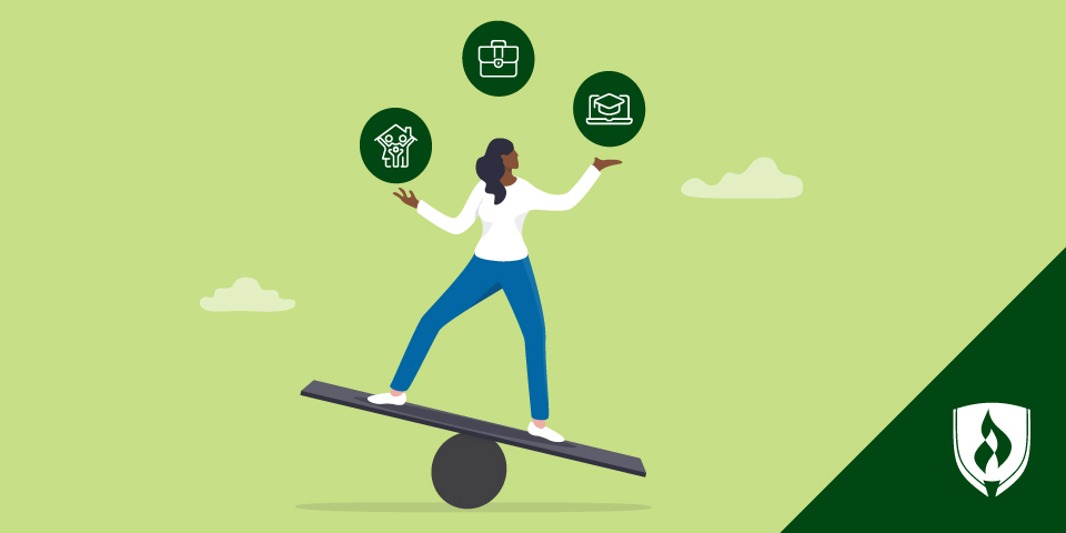 插图是一个母亲试图平衡代表父母重返学校