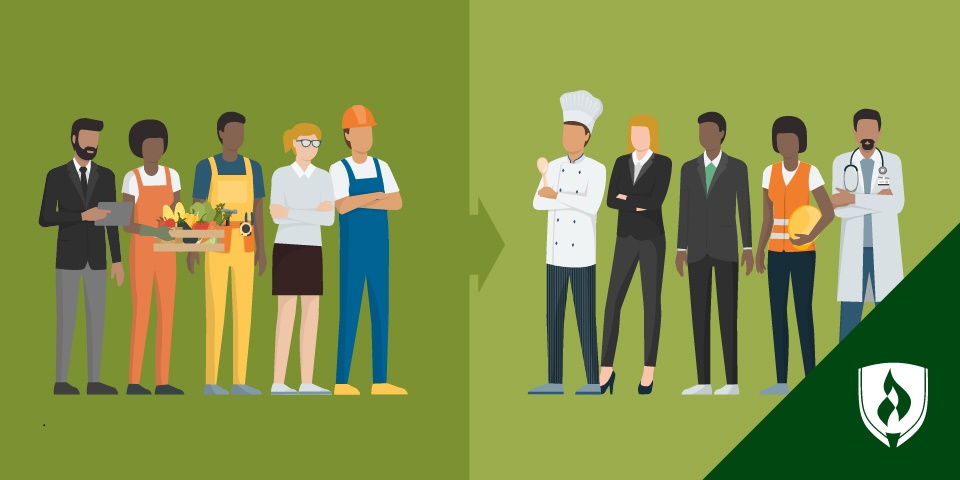 改变职业的人站在一边的插图，箭头显示他们正在过渡到新的职业