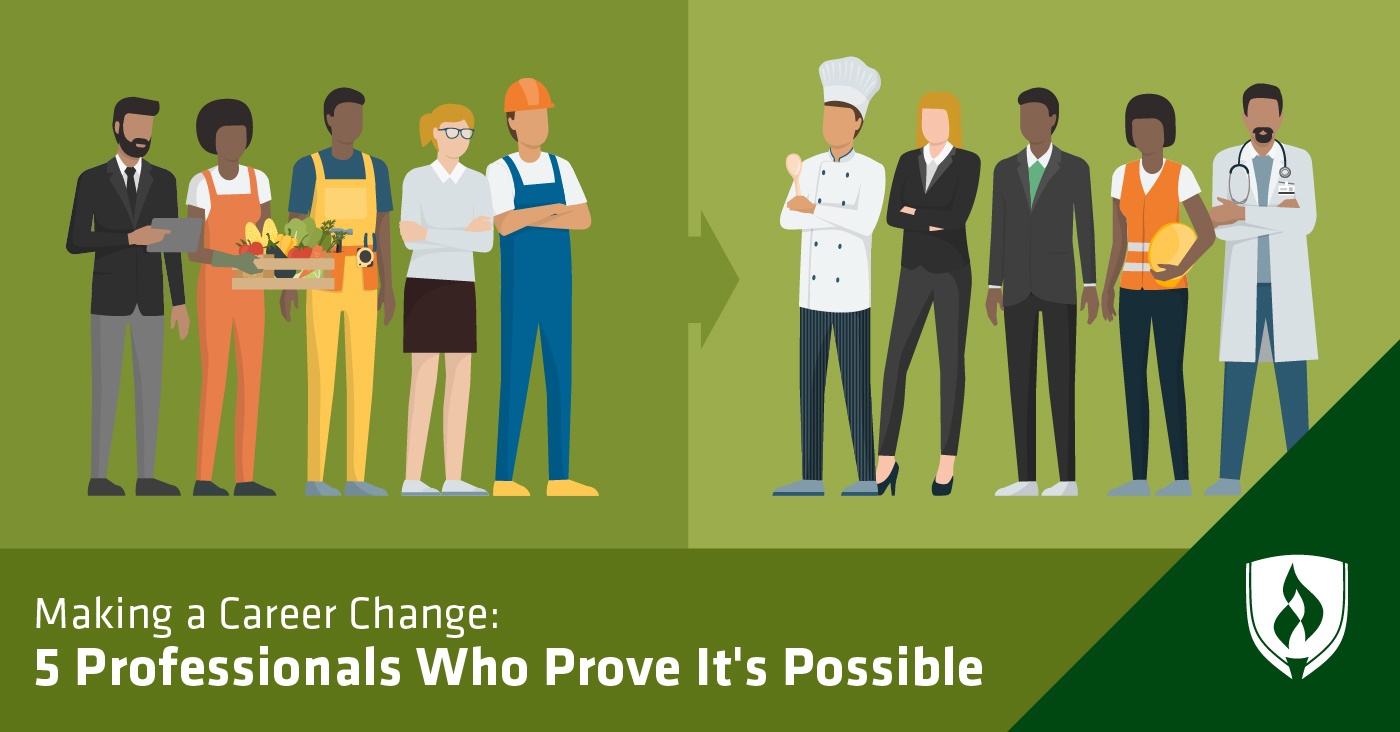 转行者站在一边的插图，箭头显示他们转行到新的职业