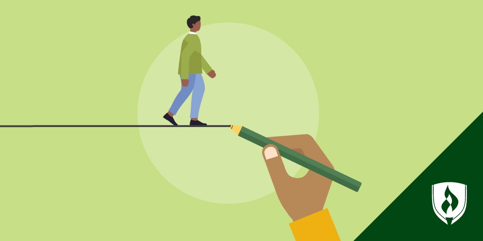 学生写作的插图画一条线with a student walking on it like a tight rope representing peer educators