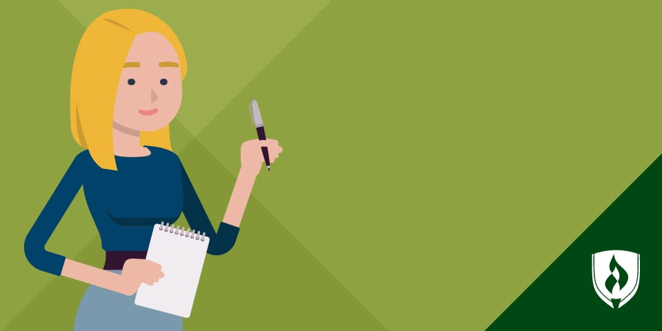 拿着笔和笔记薄的妇女的例证。