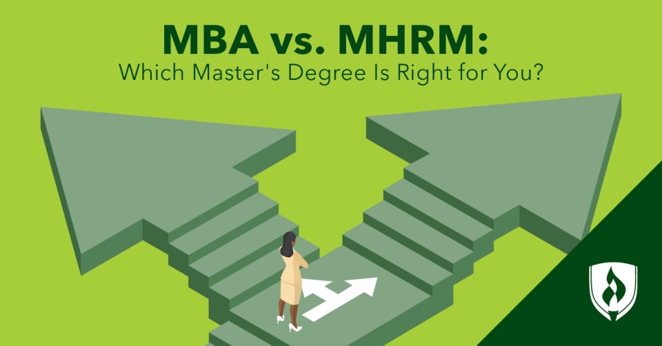 图为一名学生面对两组箭头形状的楼梯，在mba和人力资源管理硕士学位之间做出选择