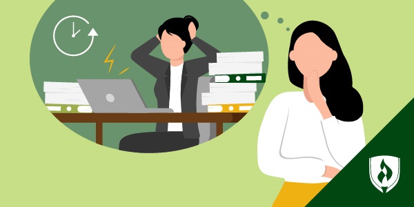 在一个思想泡泡中，一个女人在桌子前看起来压力很大，代表会计压力