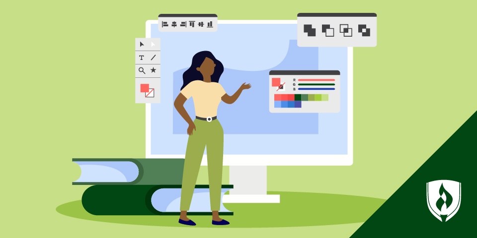 illustration of a designer showing design books and design software on a monitor representing design terms