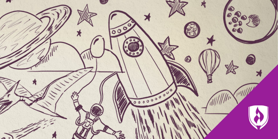 火箭带着行星和恒星在太空中飞行的插图