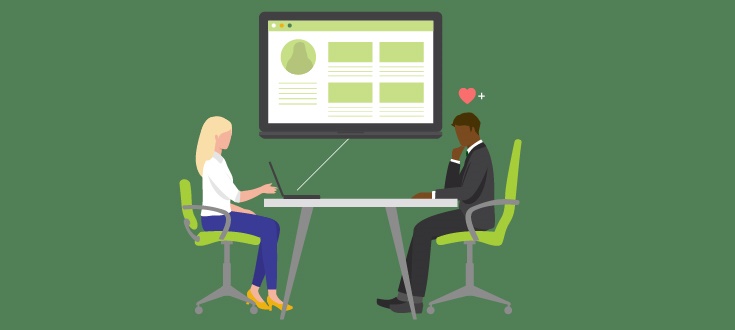 一个设计师在工作面试时的插图，他们的简历代表了平面设计技能