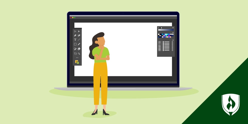 illustration of a graphic designer standing in front of a laptop representing how to get started in graphic design