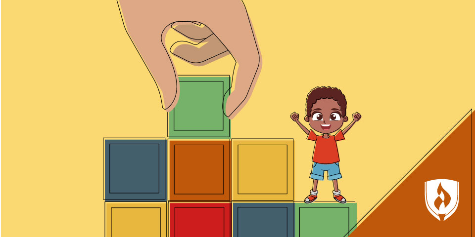 illustrated boy standing on building blocks