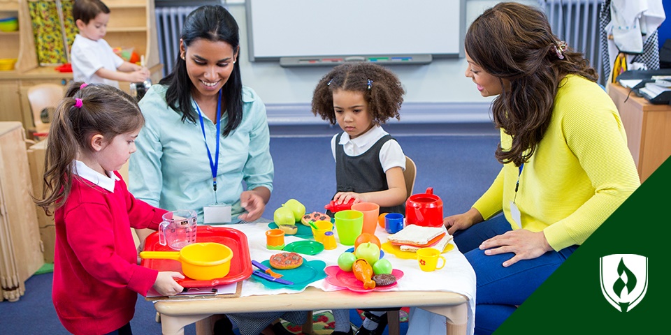 两个孩子和两个老师坐在一张桌子旁玩耍，代表孩子们的社会发展