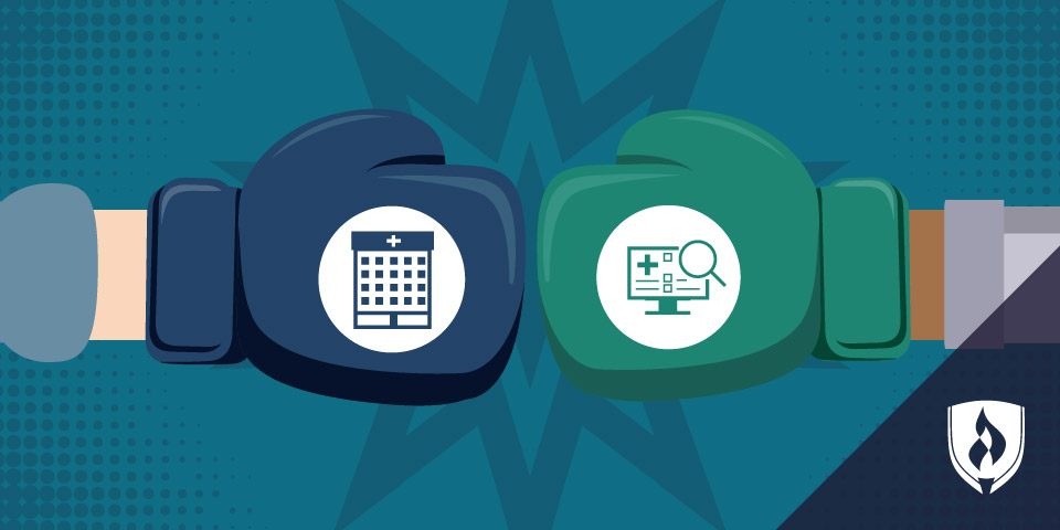 two boxing gloves with healthcare admin and health information technology icons