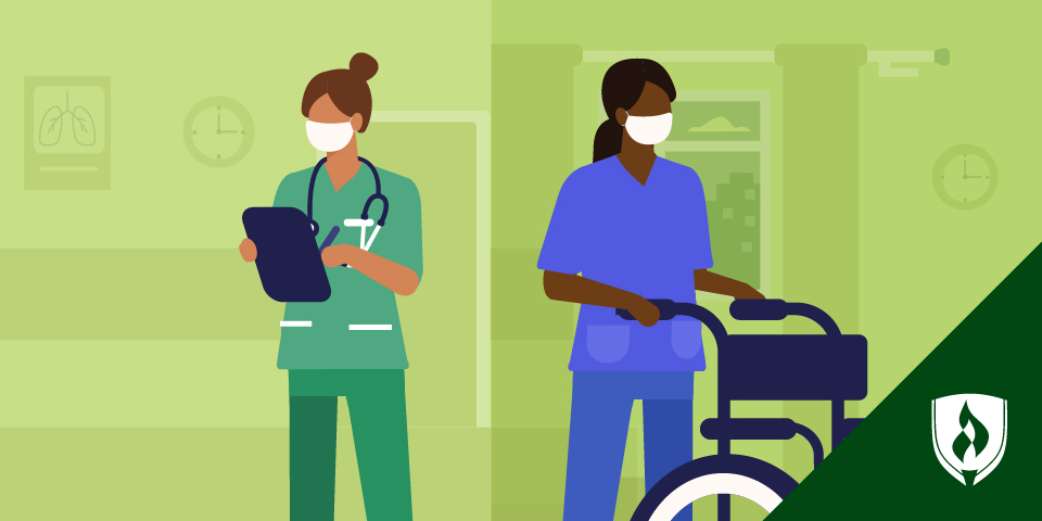 illustration of a medical assistant holding a tablet and a cna with a wheelchair representing cna vs medical assistant