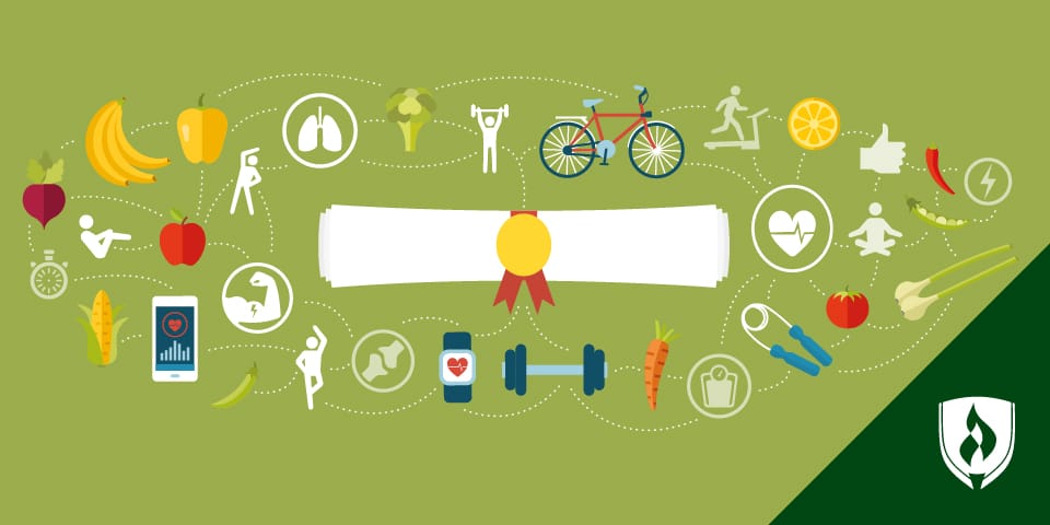 卷起来的文凭插图，周围是代表健康活动和食物的图标。