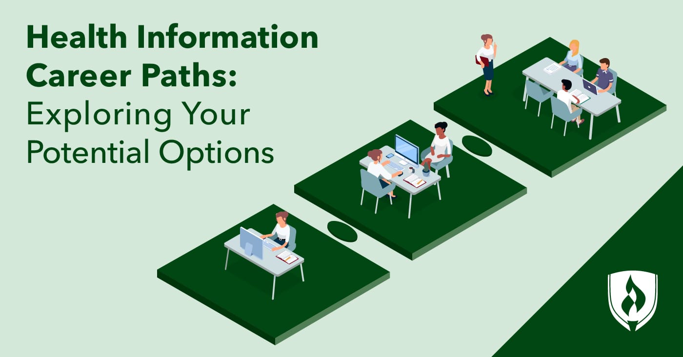 illustration of health information professions working from different settings from entry-level, to manager and a higher-level position