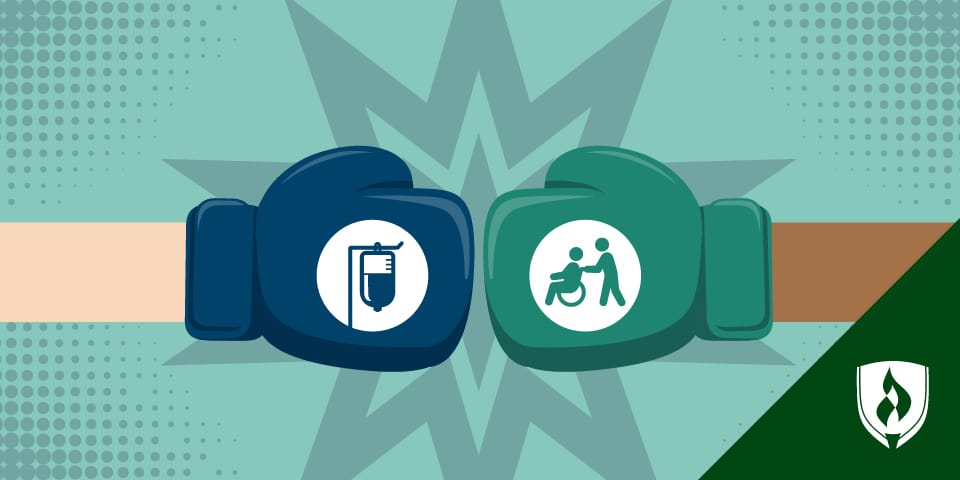 代表医疗助理和病人护理技师碰撞的拳击手套插图。