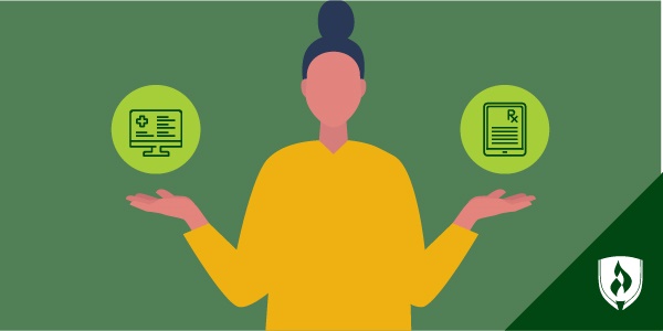 一个女人在代表医疗转录和医疗编码的图标之间耸肩的插图