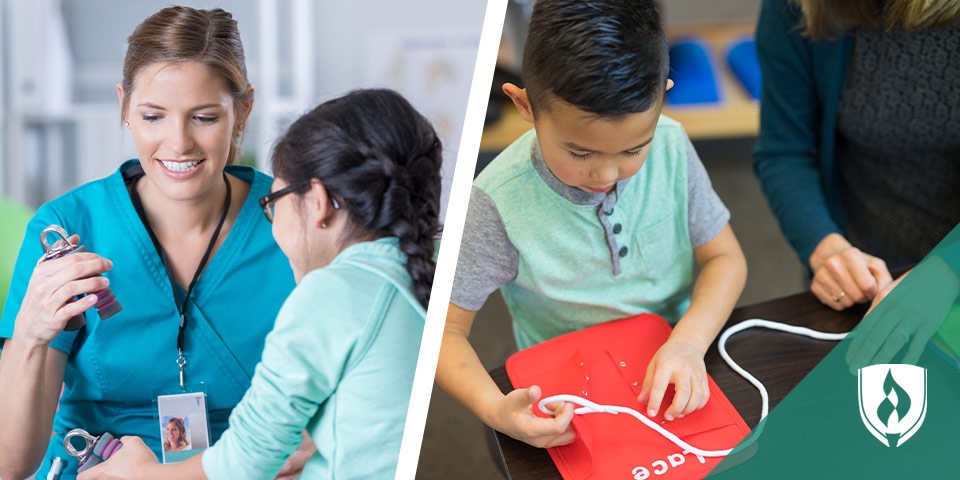 物理治疗师帮助孩子进行力量训练，职业治疗师帮助孩子学会系鞋带