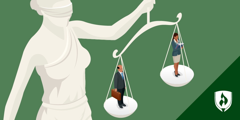 illustration of lady justice holding a scale with a paralegal and lawyer