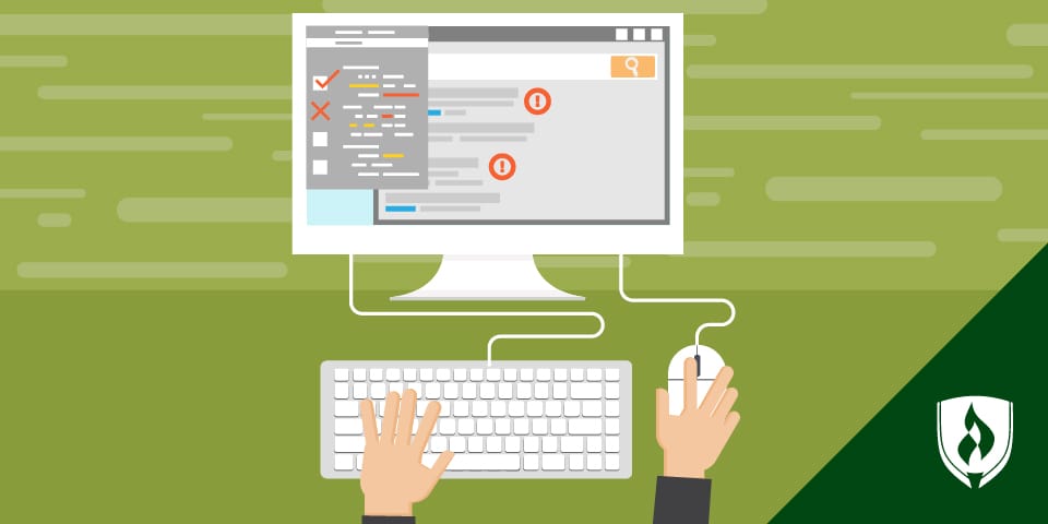 插图的人在电脑工作与错误突出在屏幕上。