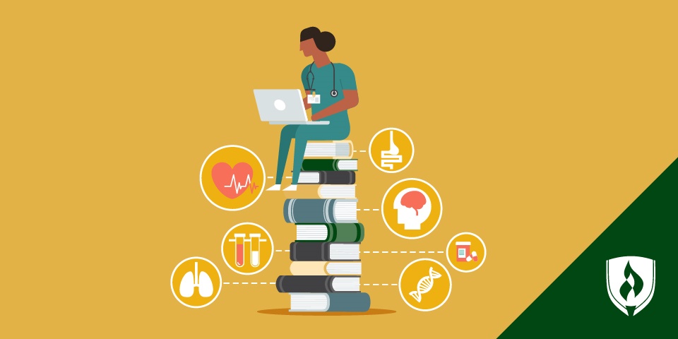 插图的护理学生坐在一堆书与护理学生资源书籍周围她