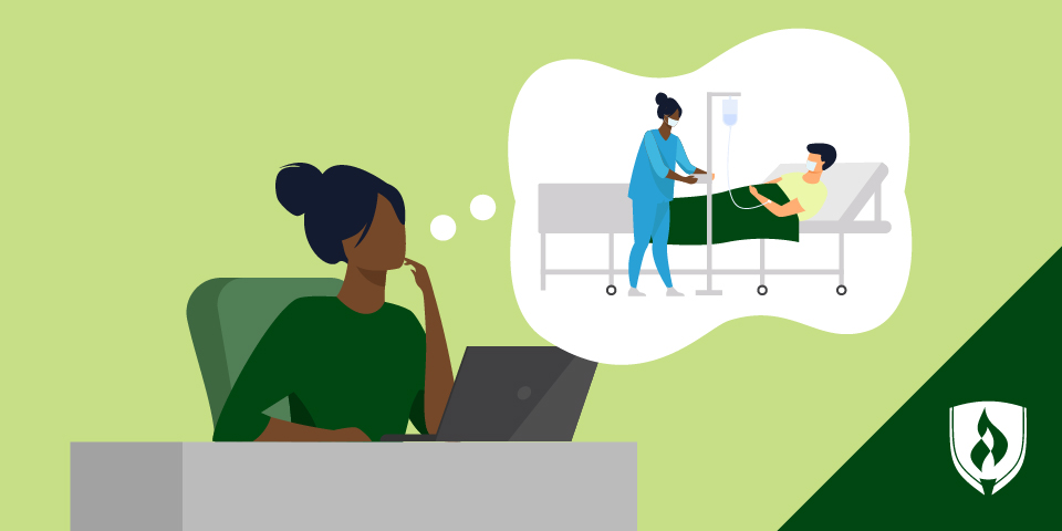 一个女人坐在桌子前，想象自己是一名护士，代表我是一名好护士