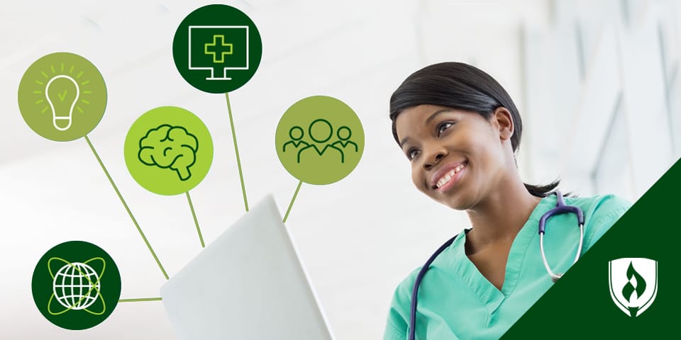 female nurse next to healthcare symbols