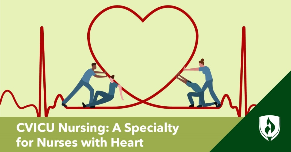 我llustration of ekg lines with a heart and with cvicu nurse holding the heart up
