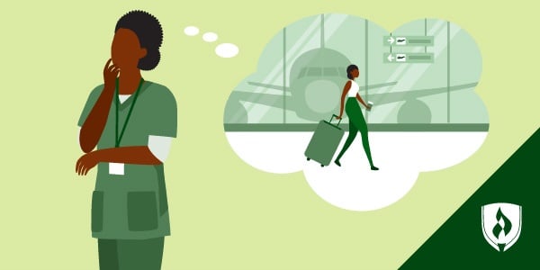 一个穿着手术服的护士想象自己带着行李在机场，这代表了旅行护士的优点和缺点