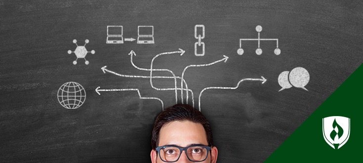 这是一个男人在思考不同的科技专业，他头顶上的科技图标