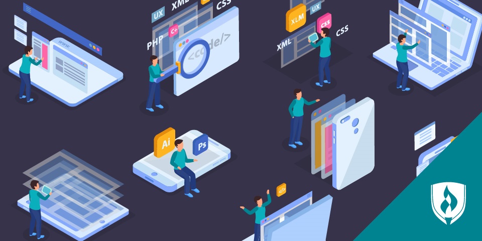 计算机科学专业人员在笔记本电脑、平板电脑和手机上工作的插图