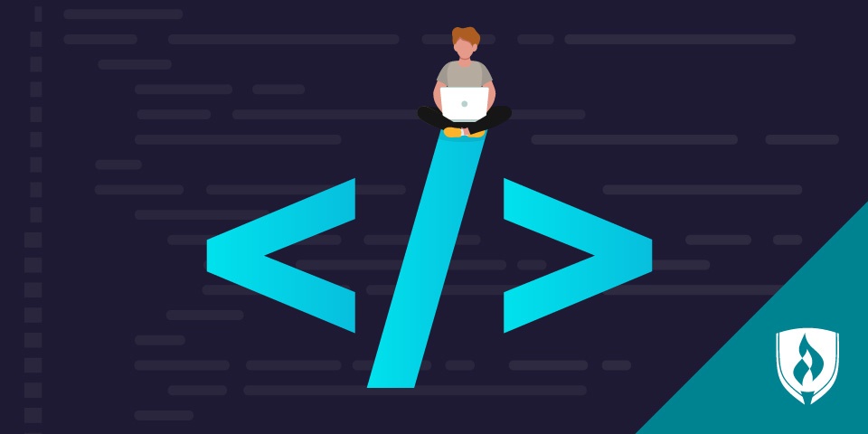 工作在膝上型计算机的web开发人员在编码标志顶部