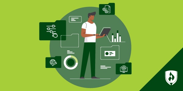 一名技术专业人士的插画，周围有不同的技术图标，代表了IT工作的类型