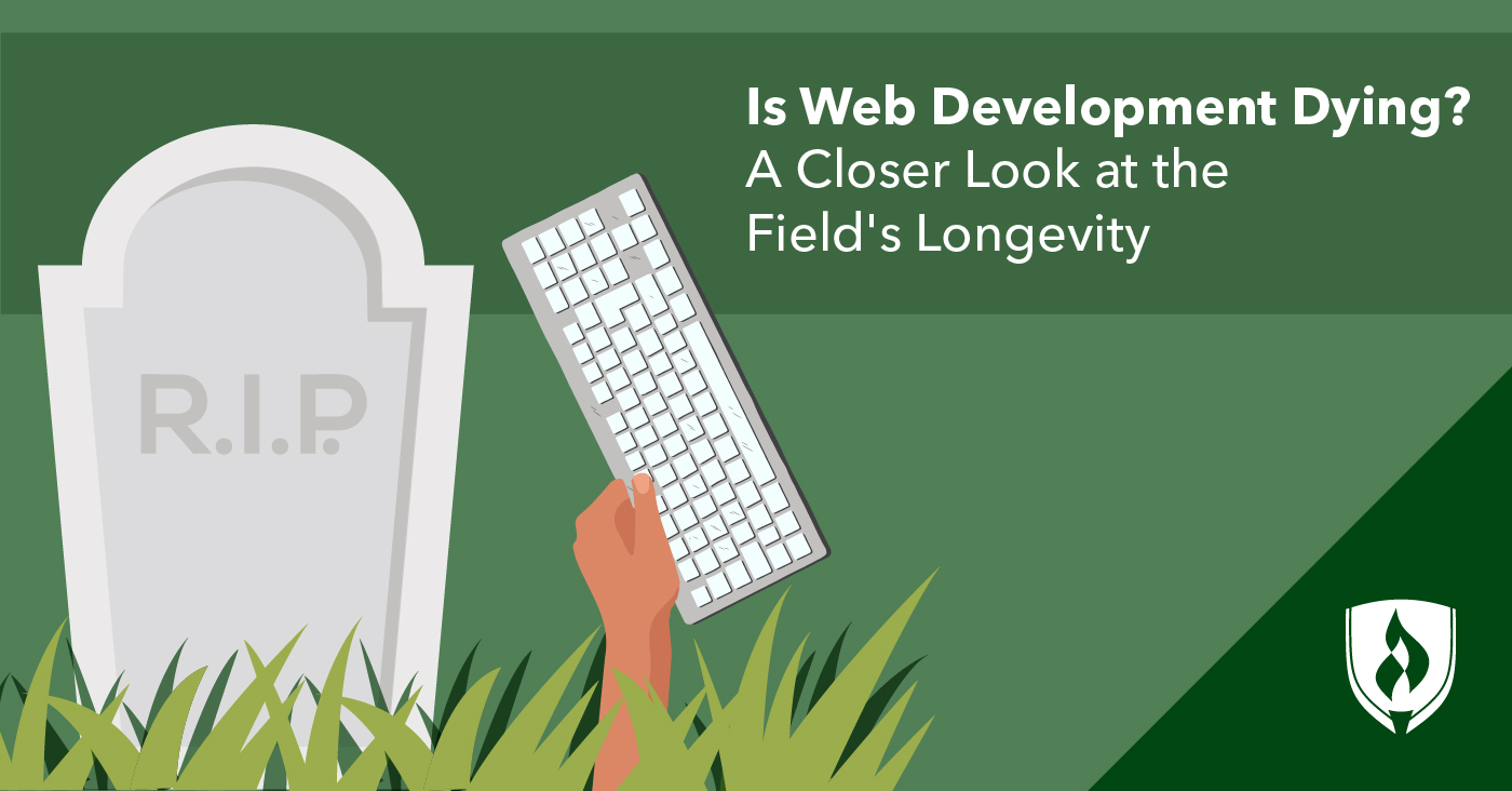 illustration of a gravestone and a computer keyboard representing is web development dying