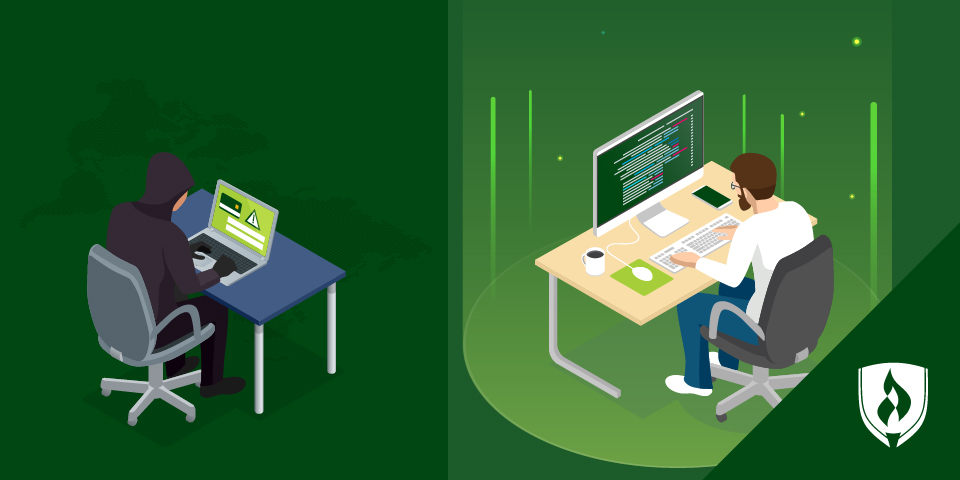 图文并举的分割面板图像，描绘“好人”和“坏人”黑客在每一方。