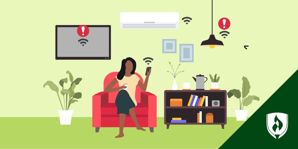 一个女人坐在家里，wifi信号在不同的物体上面，代表物联网