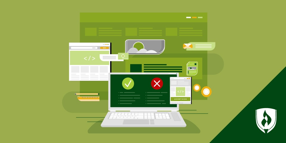 插图中的笔记本电脑和网页开发符号代表的是网页开发的好事业