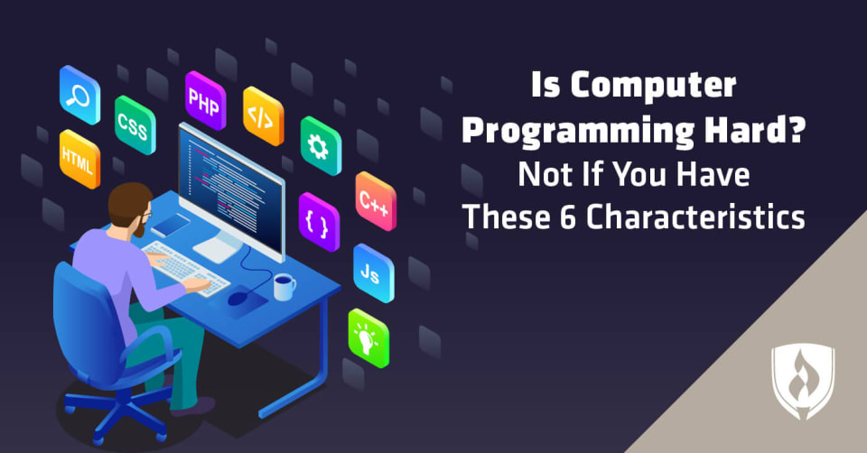 男性程序员坐在电脑前的插图与浮动的编程图标