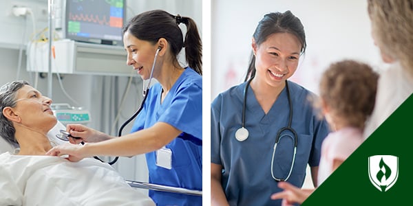 左侧护士帮助一名成年病人，右侧护士一起帮助家长和儿童病人