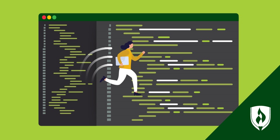 插图显示妇女用笔记本电脑运行时屏幕显示代码